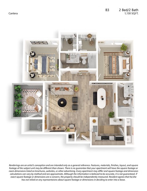 Floor plan for 2 beds, 2 baths, 1130 sqft